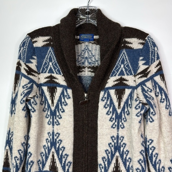 Pendleton Alpaca Wool Full Zip Sweater Size Small Petite Blue White - Picture 2 of 9